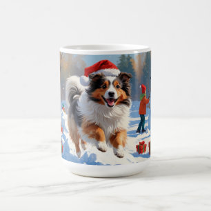 Shetland Sheepdog läuft durch Schnee mit Weihnacht Kaffeetasse