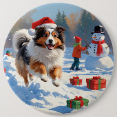 Shetland Sheepdog läuft Schnee mit Weihnachtshut Button (Vorderseite)