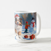 Shetland Sheepdog läuft Schnee mit Weihnachtshut Kaffeetasse (VorderseiteRechts)