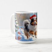 Shetland Sheepdog läuft Schnee mit Weihnachtshut Kaffeetasse (Vorderseite Links)