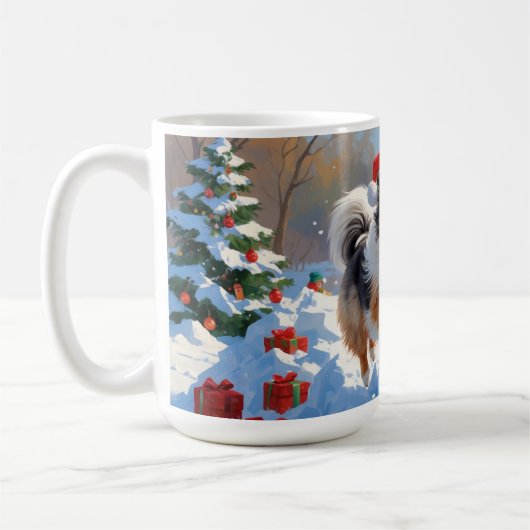 Shetland Sheepdog läuft Schnee mit Weihnachtshut Kaffeetasse (Links)