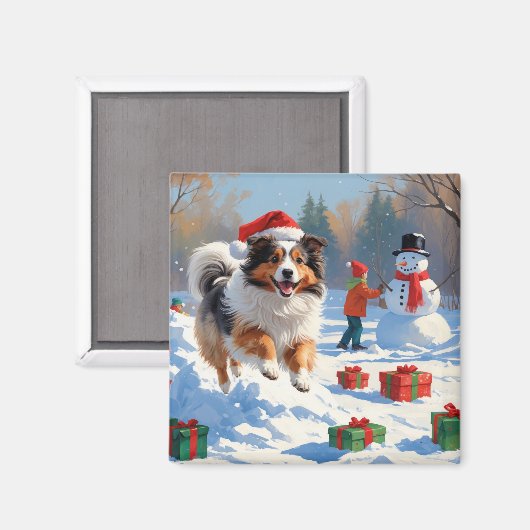 Shetland Sheepdog läuft Schnee mit Weihnachtshut Magnet (Vorderseite/Rückseite)