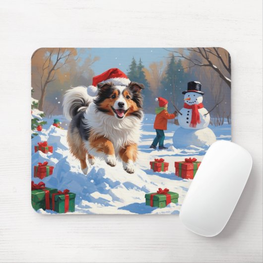 Shetland Sheepdog läuft Schnee mit Weihnachtshut Mousepad (Mit Mouse)