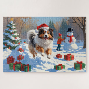 Shetland Sheepdog läuft Schnee mit Weihnachtshut Puzzle