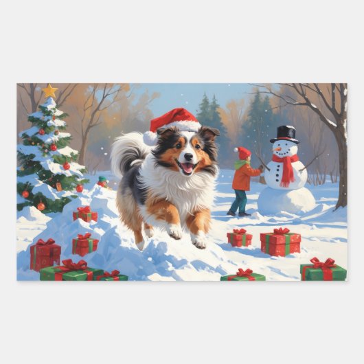 Shetland Sheepdog läuft Schnee mit Weihnachtshut Rechteckiger Aufkleber (Vorderseite)