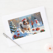 Shetland Sheepdog läuft Schnee mit Weihnachtshut Rechteckiger Aufkleber (Umschlag)