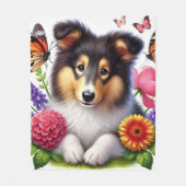 Shetland Sheepdog mit Blume und Schmetterlingen Fleecedecke (Vorderseite)