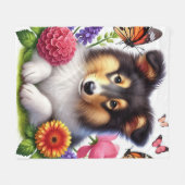 Shetland Sheepdog mit Blume und Schmetterlingen Fleecedecke (Vorderseite (Horizontal))