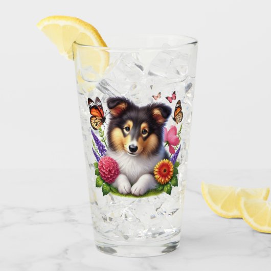 Shetland Sheepdog mit Blume und Schmetterlingen Glas (Vorderseite Ice)