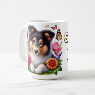 Shetland Sheepdog mit Blume und Schmetterlingen Kaffeetasse