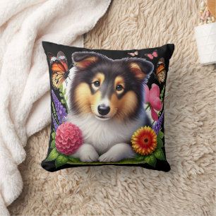 Shetland Sheepdog mit Blume und Schmetterlingen Kissen