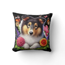 Shetland Sheepdog mit Blume und Schmetterlingen