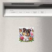 Shetland Sheepdog mit Blume und Schmetterlingen Magnet (In Situ (Geschirrspüler))