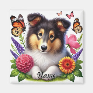 Shetland Sheepdog mit Blume und Schmetterlingen Magnet