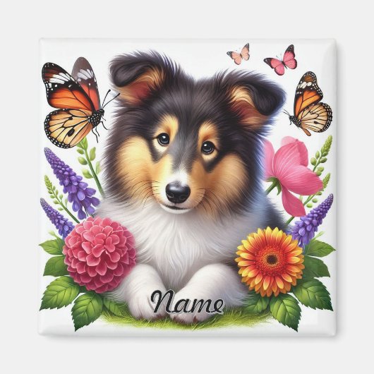 Shetland Sheepdog mit Blume und Schmetterlingen Magnet (Vorne)