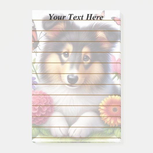 Shetland Sheepdog mit Blume und Schmetterlingen Post-it Klebezettel (Vorderseite)