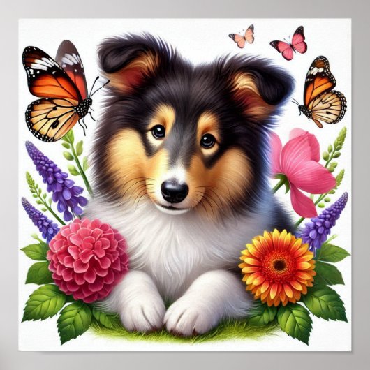 Shetland Sheepdog mit Blume und Schmetterlingen Poster (Vorne)