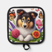 Shetland Sheepdog mit Blume und Schmetterlingen Topflappen (Vorderseite)