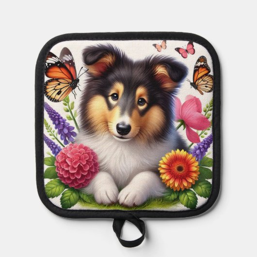 Shetland Sheepdog mit Blume und Schmetterlingen Topflappen (Vorderseite)