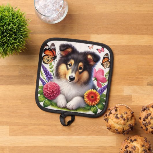 Shetland Sheepdog mit Blume und Schmetterlingen Topflappen (Oben Unten)