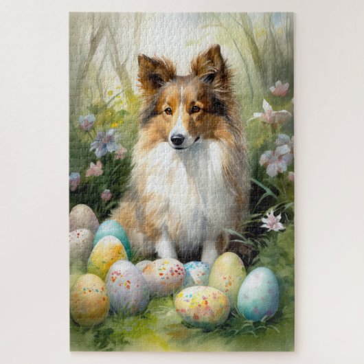 Shetland Sheepdog mit Ostereiern Urlaub Puzzle (Vertikal)
