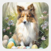 Shetland Sheepdog mit Ostereiern Urlaub Quadratischer Aufkleber (Vorderseite)