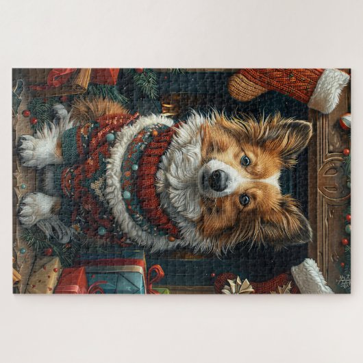 Shetland Sheepdog mit Weihnachtsgeschenken Kamin Puzzle (Horizontal)