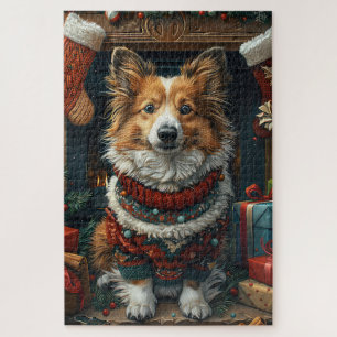 Shetland Sheepdog mit Weihnachtsgeschenken Kamin Puzzle