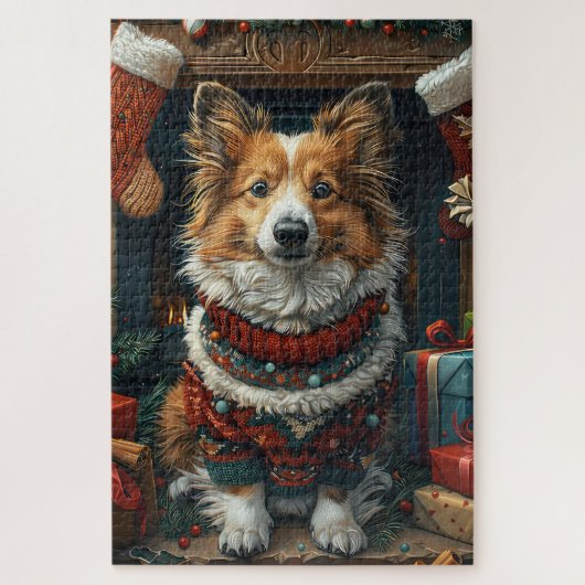 Shetland Sheepdog mit Weihnachtsgeschenken Kamin Puzzle (Vertikal)