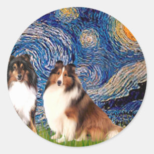 Shetland Sheepdog Pair - Starry Night Runder Aufkleber