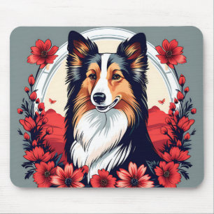 Shetland Sheepdog Portrait mit lebendigen Blume Mousepad