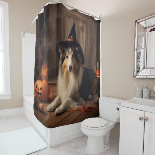Shetland Sheepdog Pumpkins Halloween Beängstigend Duschvorhang (Beispiel)