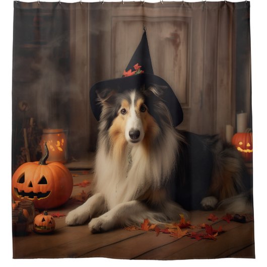 Shetland Sheepdog Pumpkins Halloween Beängstigend Duschvorhang (Vorderseite)