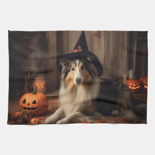 Shetland Sheepdog Pumpkins Halloween Beängstigend Geschirrtuch (Horizontal)