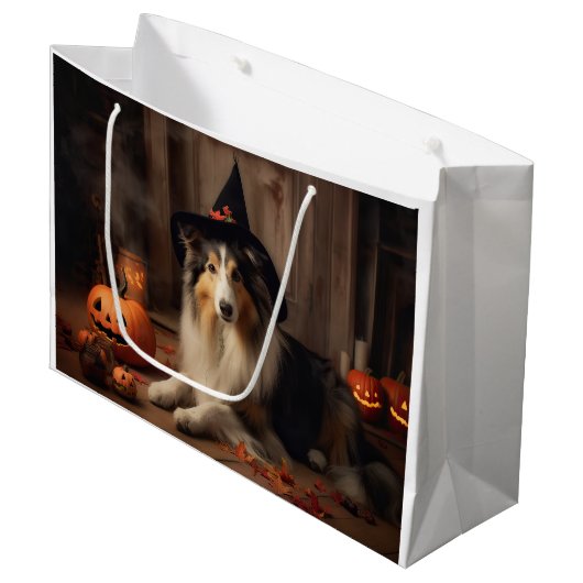 Shetland Sheepdog Pumpkins Halloween Beängstigend Große Geschenktüte (Vorderseite Schrägansicht)