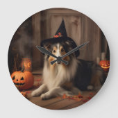 Shetland Sheepdog Pumpkins Halloween Beängstigend Große Wanduhr (Vorderseite)