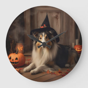Shetland Sheepdog Pumpkins Halloween Beängstigend Große Wanduhr
