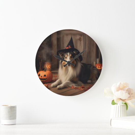 Shetland Sheepdog Pumpkins Halloween Beängstigend Große Wanduhr (Zuhause)