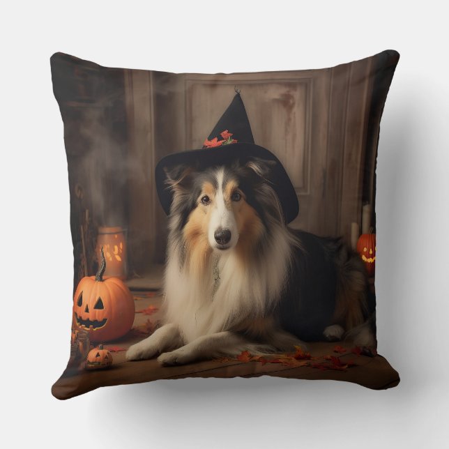Shetland Sheepdog Pumpkins Halloween Beängstigend Kissen (Rückseite)