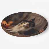 Shetland Sheepdog Pumpkins Halloween Beängstigend Pappteller (Schrägansicht)