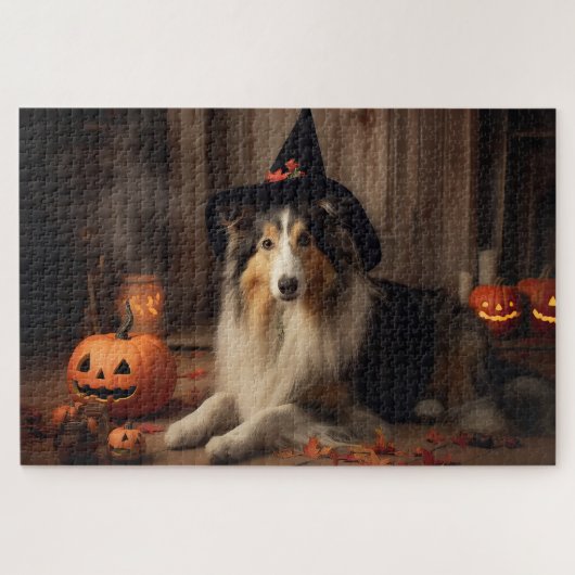 Shetland Sheepdog Pumpkins Halloween Beängstigend Puzzle (Horizontal)