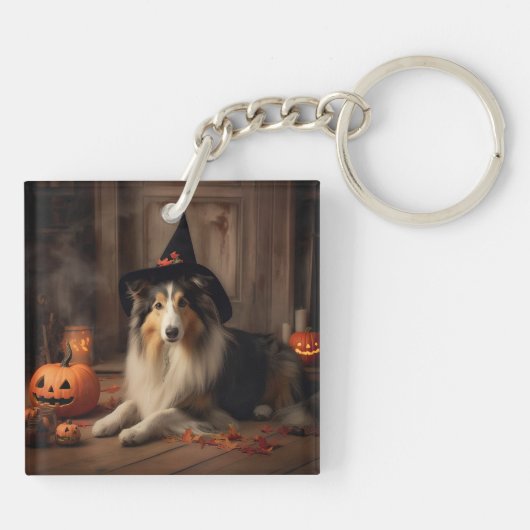 Shetland Sheepdog Pumpkins Halloween Beängstigend Schlüsselanhänger (Rückseite)