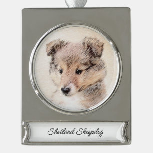 Shetland Sheepdog Puppy Malerei Original Dog Art Banner-Ornament Silber