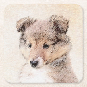 Shetland Sheepdog Puppy Malerei Original Dog Art Rechteckiger Pappuntersetzer