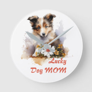 Shetland Sheepdog Puppy Pet Blume Runde Wanduhr