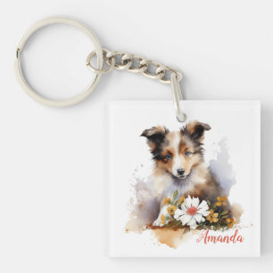 Shetland Sheepdog Puppy Pet Blume Schlüsselanhänger