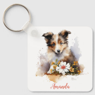 Shetland Sheepdog Puppy Pet Blume Schlüsselanhänger