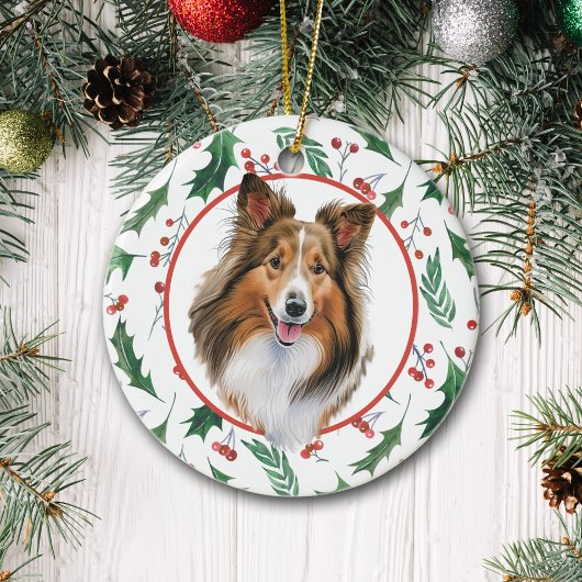 Shetland Sheepdog Red Berry Holly Border Keramik Ornament