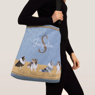 Shetland Sheepdog, Reihe von Shelties auf blau, ge Tragetaschen Mit Langen Trägern