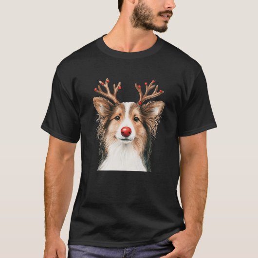 Shetland Sheepdog Reindeer Christmas Lights Dog Lo T-Shirt (Vorderseite)